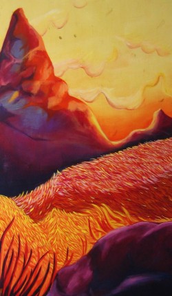 La montagna e il fuoco - Acrilico su tavola misure 200x120 anno 2005